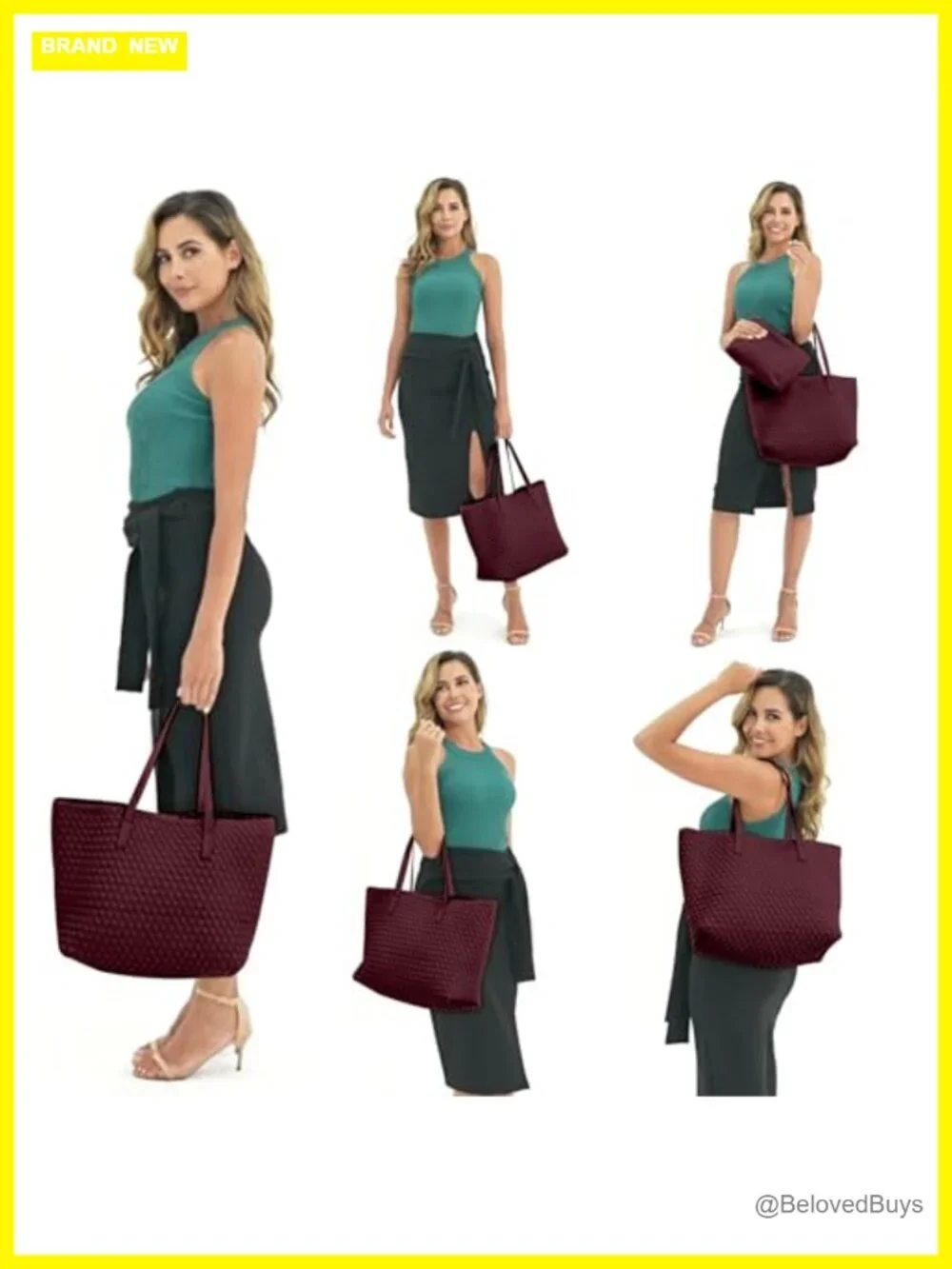 Woven Leather Large Capacity Tote Bag with Matching Pouch